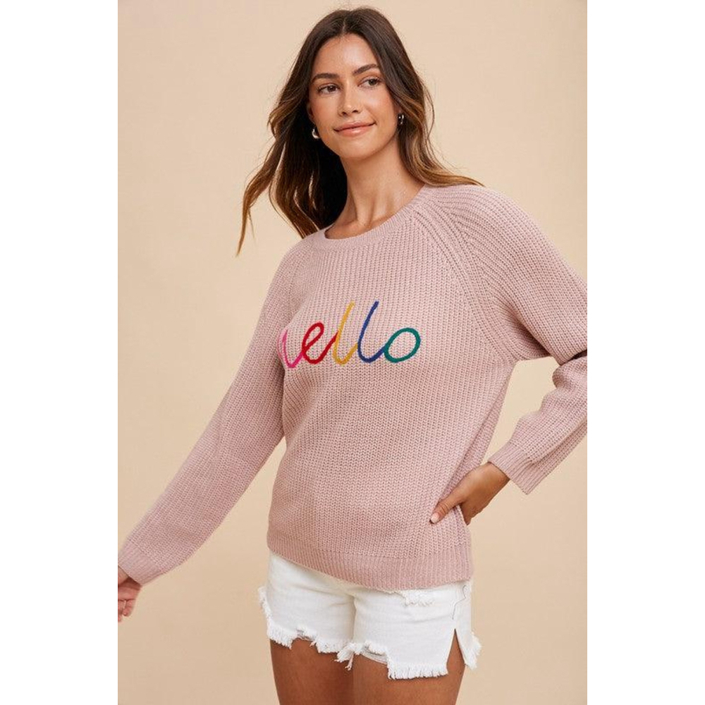 AnnieWear Pink Knit Sweater “Hello” Graphic Pullover Rainbow Letters - Picture 2 of 10